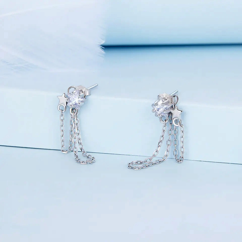 Sterling Silver Fine Double Star Long Chain Stud Hypoallergenic Earrings