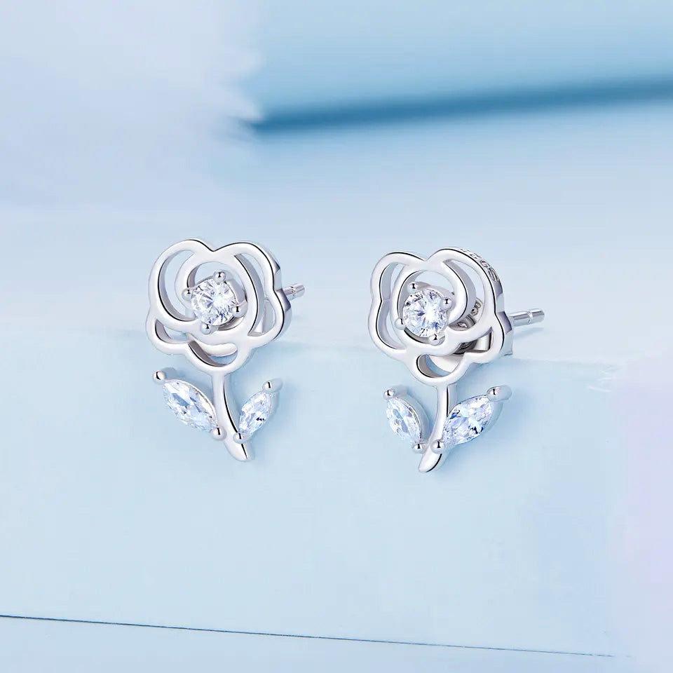 Sterling Silver Exquisite & Elegant Rose Stud Hypoallergenic Earrings