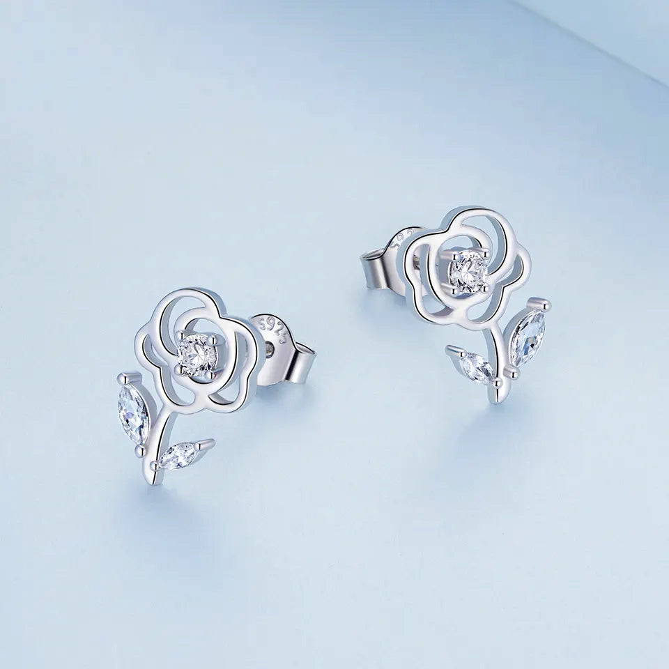 Sterling Silver Exquisite & Elegant Rose Stud Hypoallergenic Earrings