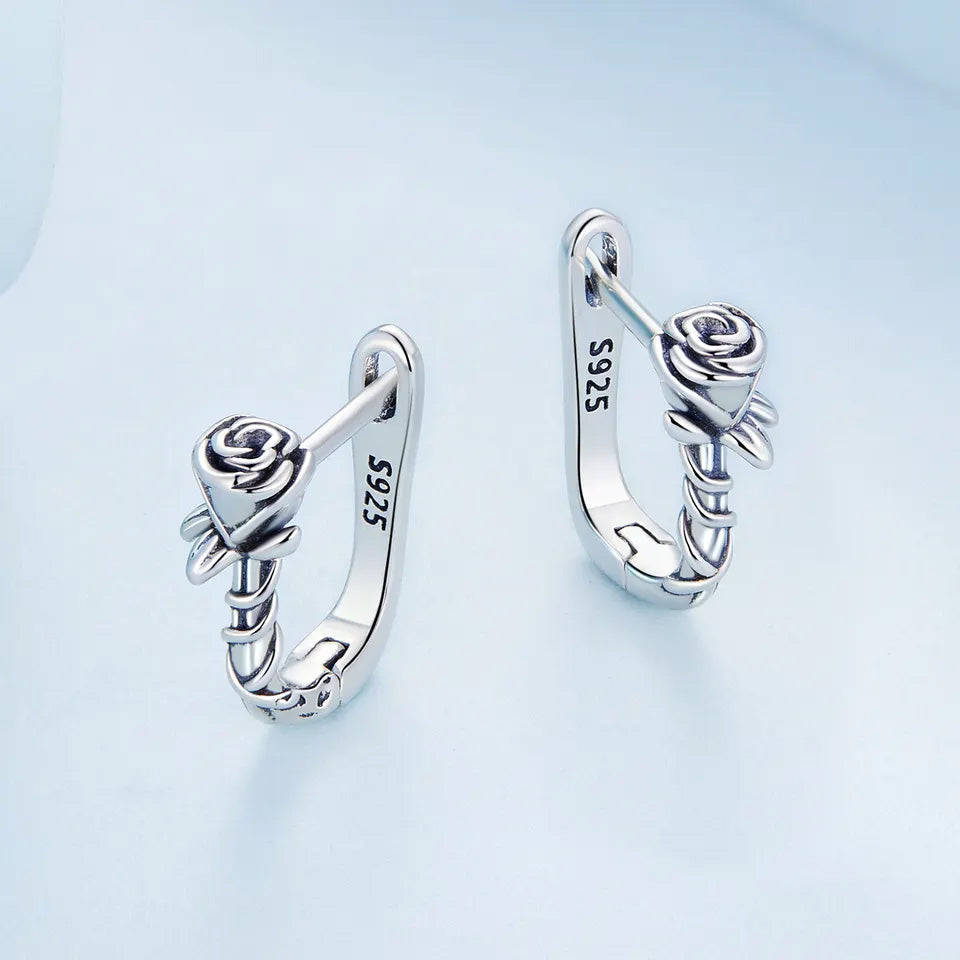 Sterling Silver Vine Flower Huggie Hypoallergenic Earrings