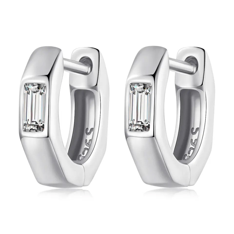 Sterling Silver Simple Octagonal CZ Huggie Hypoallergenic Earrings