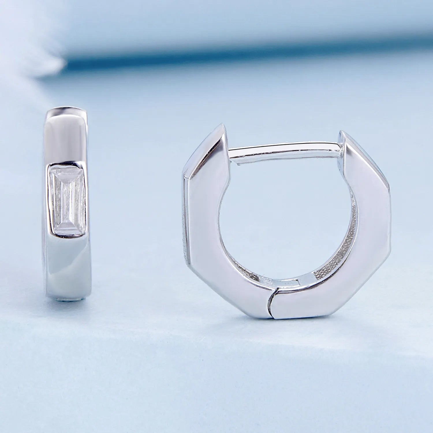 Sterling Silver Simple Octagonal CZ Huggie Hypoallergenic Earrings