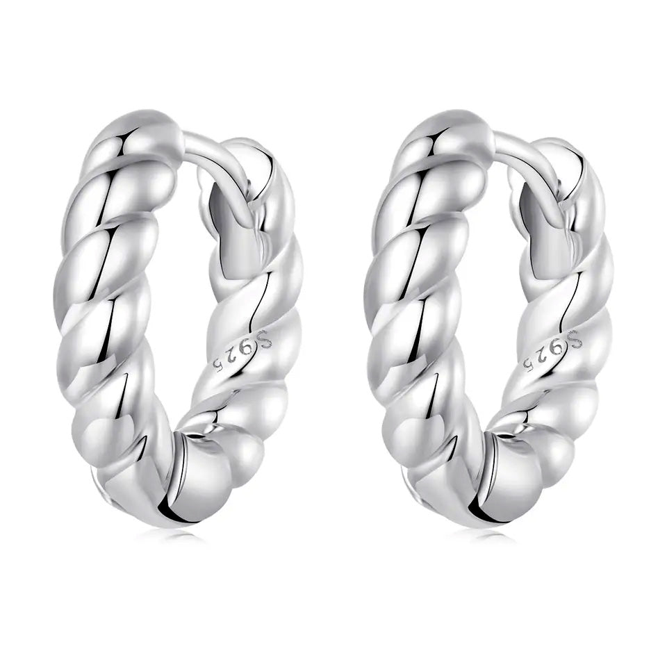 Sterling Silver Simple Metallic Rope Huggie Hypoallergenic Earrings