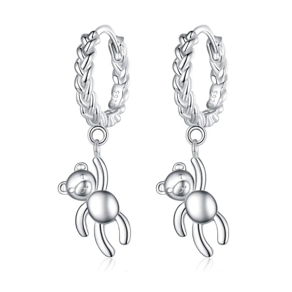 Sterling Silver Teddy Bear Braided Huggie Hypoallergenic Earrings