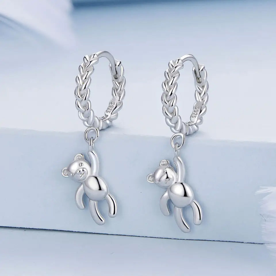 Sterling Silver Teddy Bear Braided Huggie Hypoallergenic Earrings
