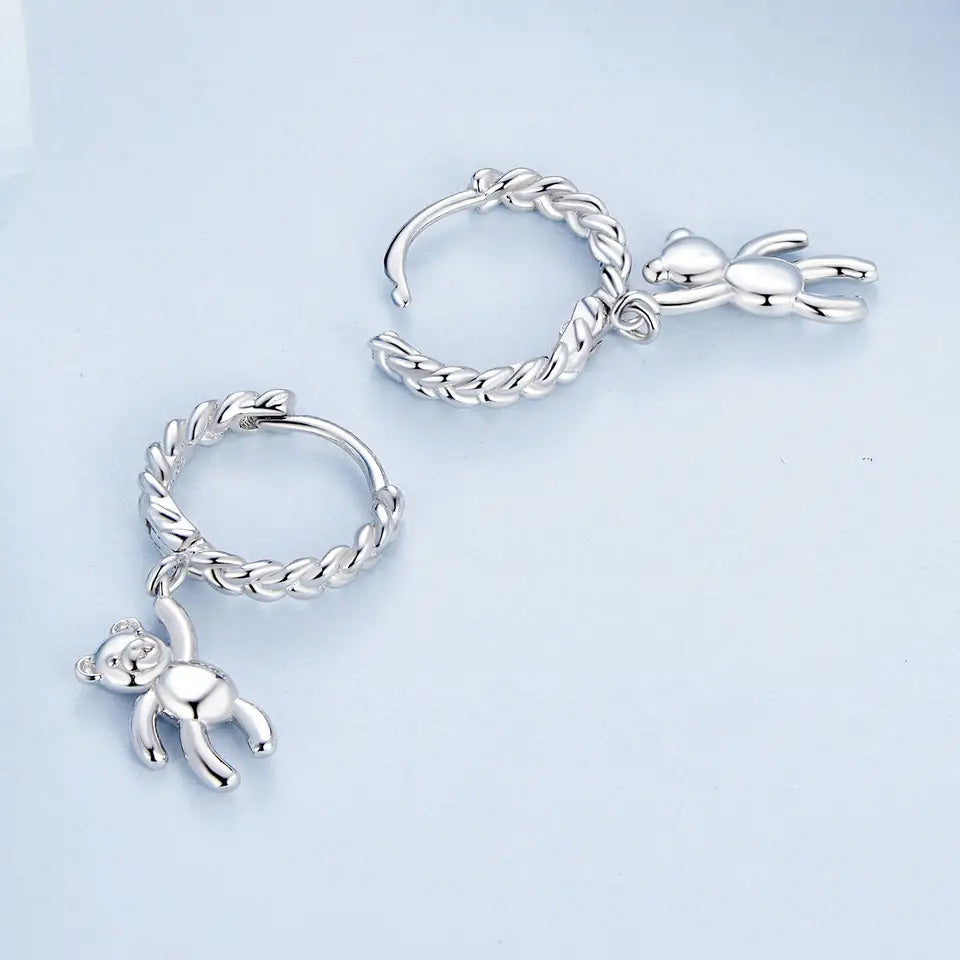 Sterling Silver Teddy Bear Braided Huggie Hypoallergenic Earrings