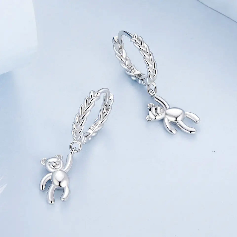 Sterling Silver Teddy Bear Braided Huggie Hypoallergenic Earrings
