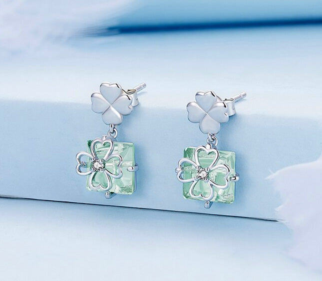 Sterling Silver Special Four-Leaf Clover Drop Stud Hypoallergenic Earrings