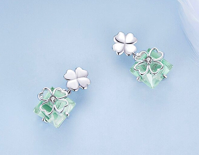 Sterling Silver Special Four-Leaf Clover Drop Stud Hypoallergenic Earrings