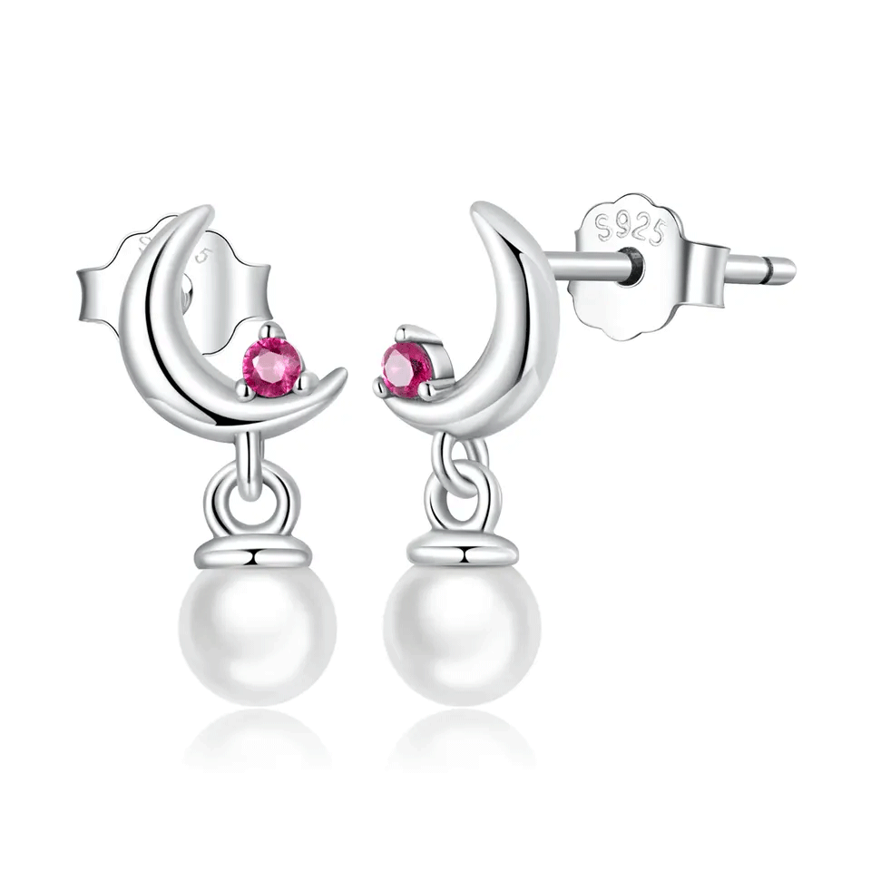Sterling Silver Pearl Moon Drop Stud Hypoallergenic Earrings