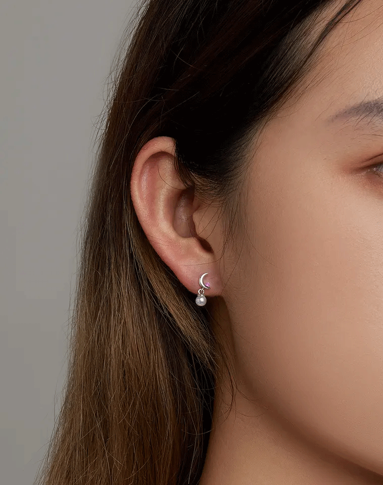 Sterling Silver Pearl Moon Drop Stud Hypoallergenic Earrings