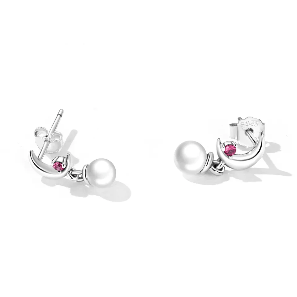 Sterling Silver Pearl Moon Drop Stud Hypoallergenic Earrings