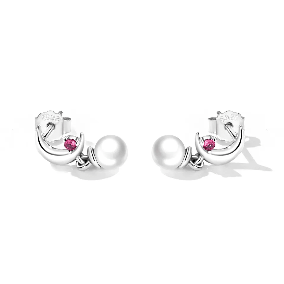 Sterling Silver Pearl Moon Drop Stud Hypoallergenic Earrings