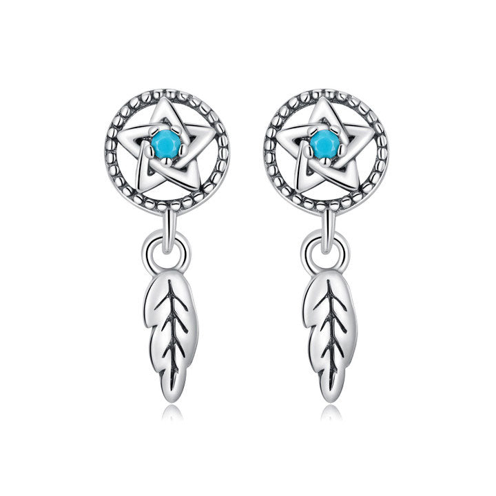 Sterling Silver Pentacle Dream Catcher Drop Stud Hypoallergenic Earrings
