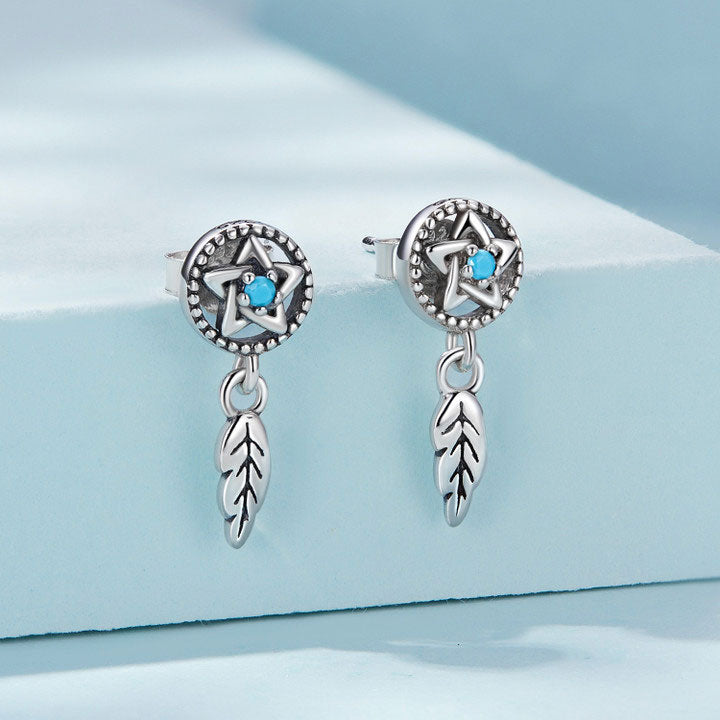 Sterling Silver Pentacle Dream Catcher Drop Stud Hypoallergenic Earrings