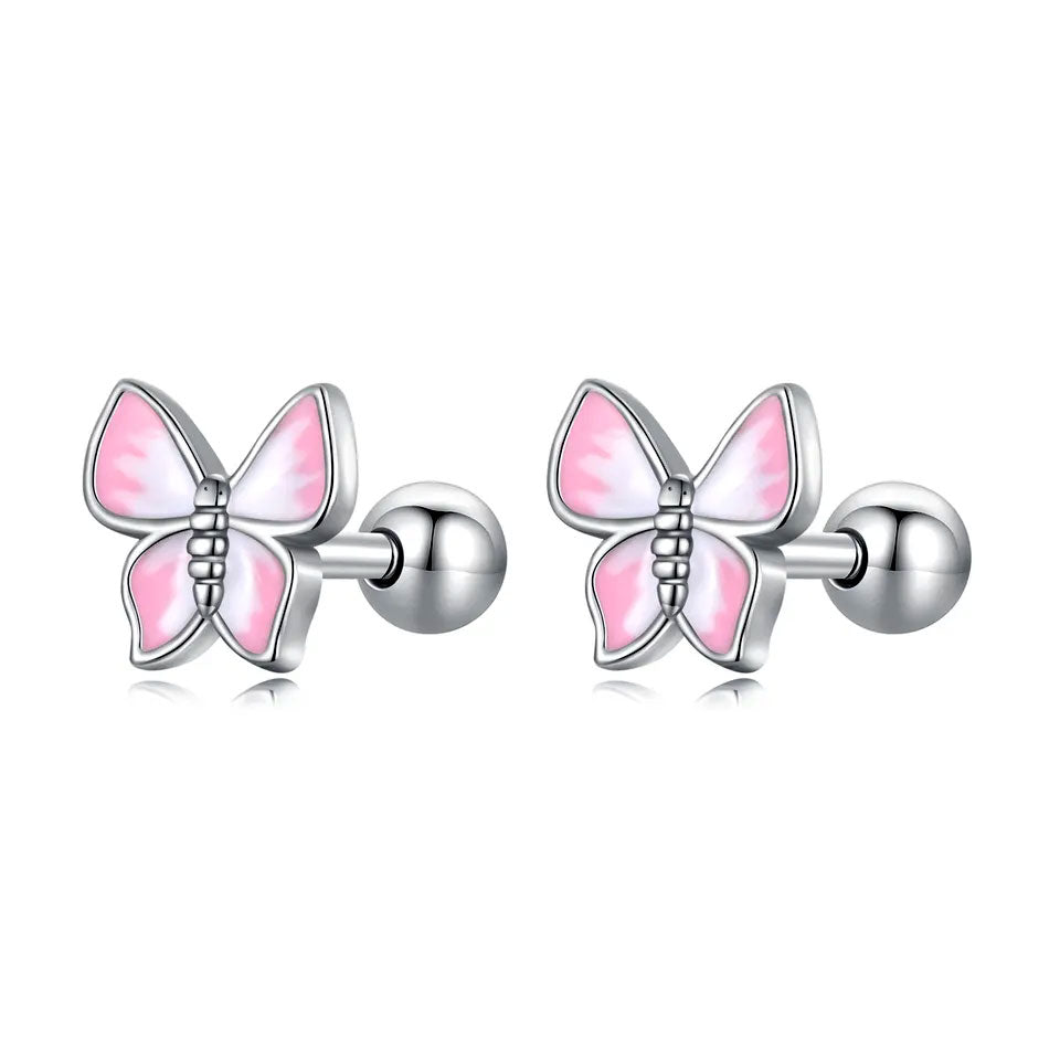 Sterling Silver Pink Butterfly Screw Stud Hypoallergenic Earrings