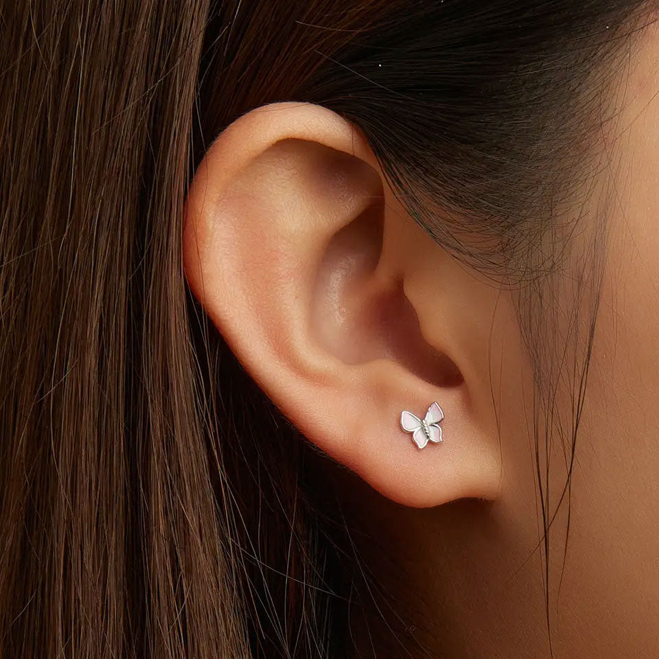 Sterling Silver Pink Butterfly Screw Stud Hypoallergenic Earrings
