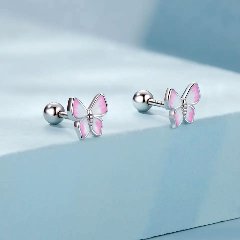 Sterling Silver Pink Butterfly Screw Stud Hypoallergenic Earrings
