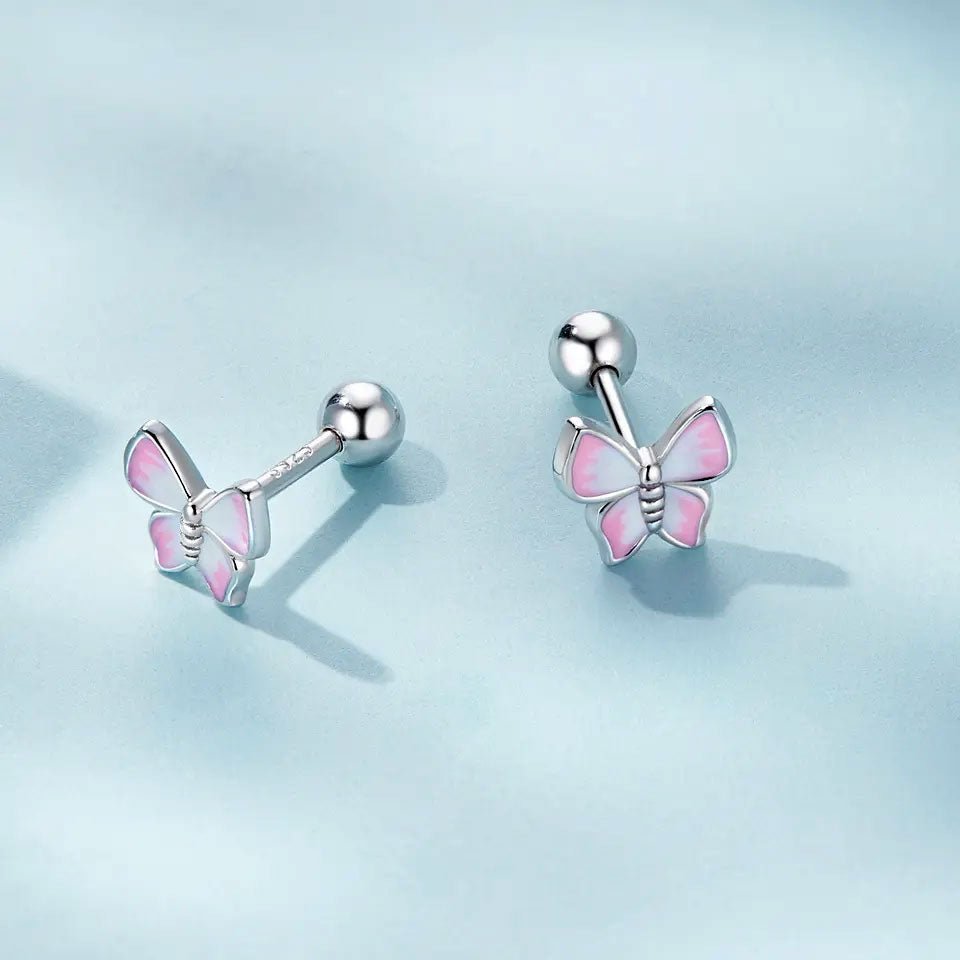 Sterling Silver Pink Butterfly Screw Stud Hypoallergenic Earrings