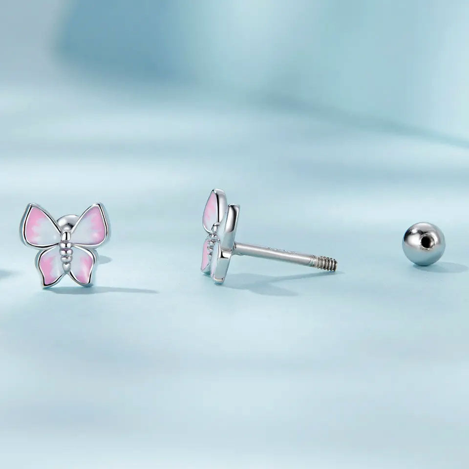 Sterling Silver Pink Butterfly Screw Stud Hypoallergenic Earrings