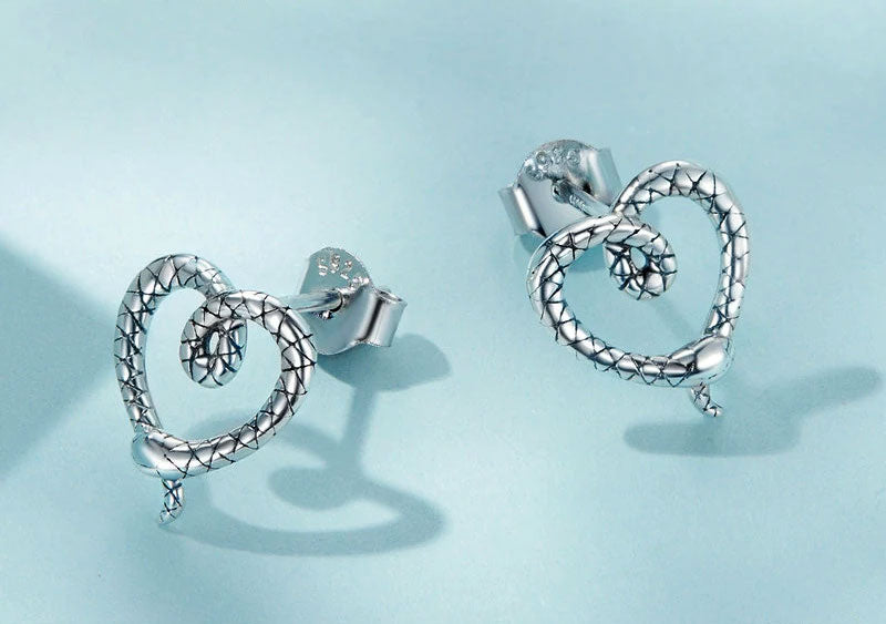 Sterling Silver Snake Heart Stud Hypoallergenic Earrings