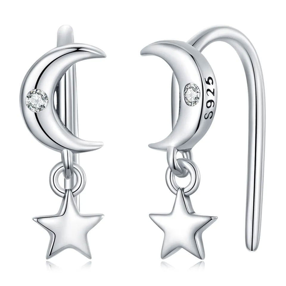 Sterling Silver Simple Star & Moon Hook Hypoallergenic Earrings