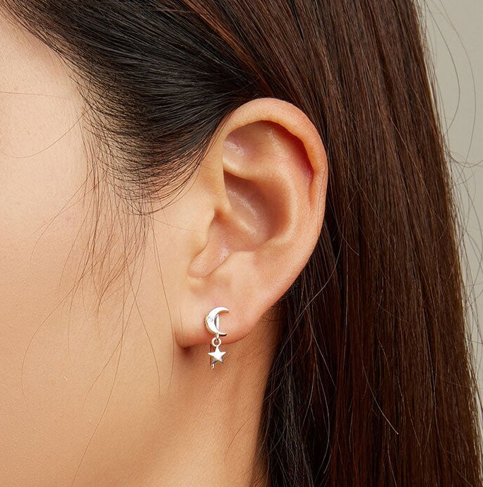 Sterling Silver Simple Star & Moon Hook Hypoallergenic Earrings