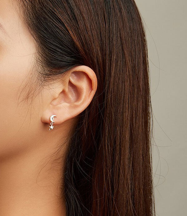 Sterling Silver Simple Star & Moon Hook Hypoallergenic Earrings