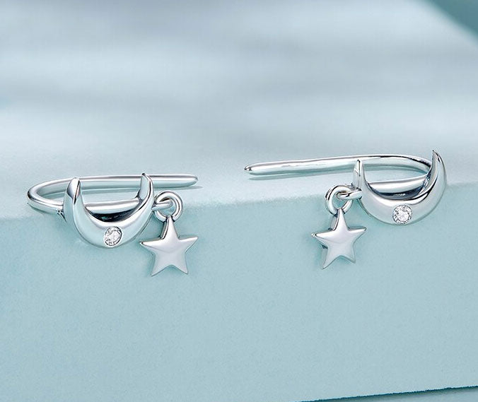 Sterling Silver Simple Star & Moon Hook Hypoallergenic Earrings