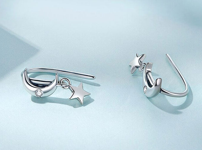 Sterling Silver Simple Star & Moon Hook Hypoallergenic Earrings