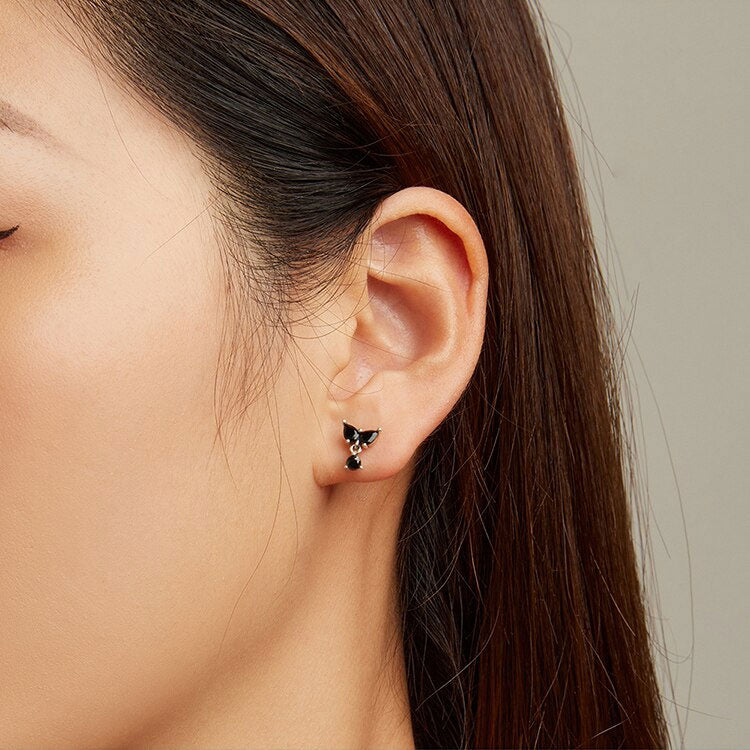 Sterling Silver Black Leaf Drop Stud Hypoallergenic Earrings