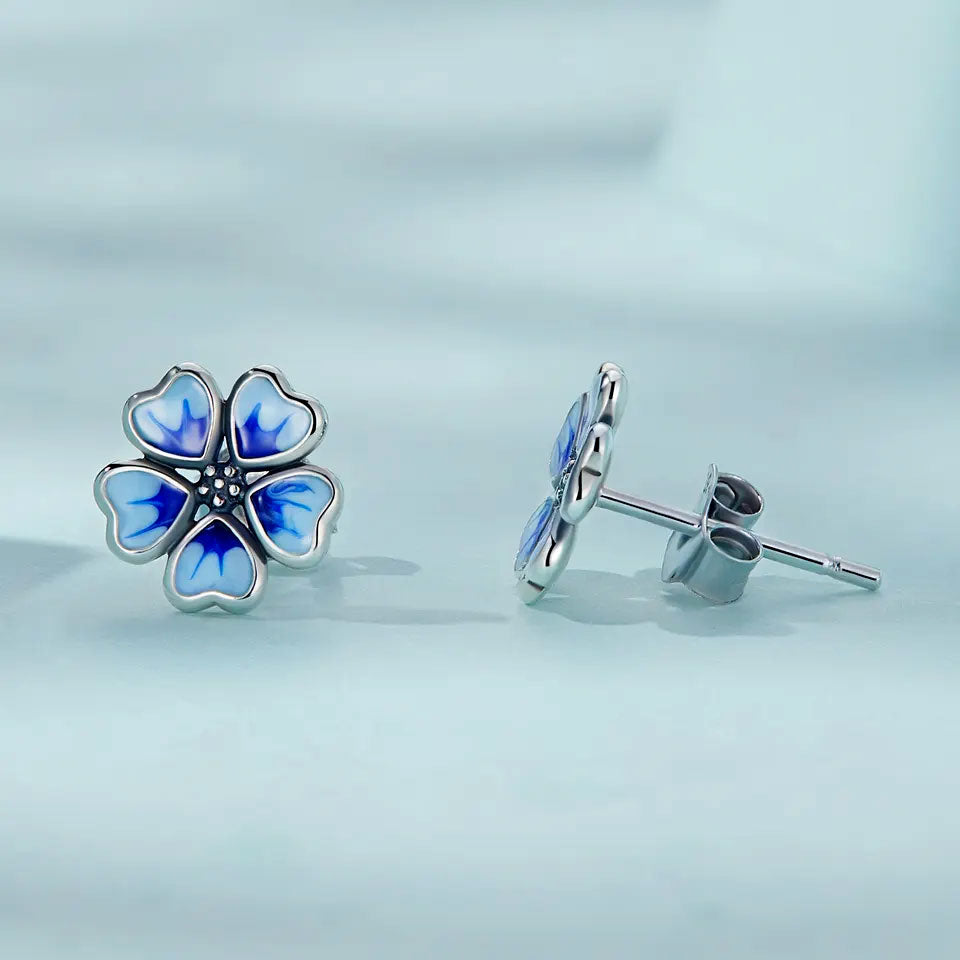 Sterling Silver Blue Flower Stud Hypoallergenic Earrings