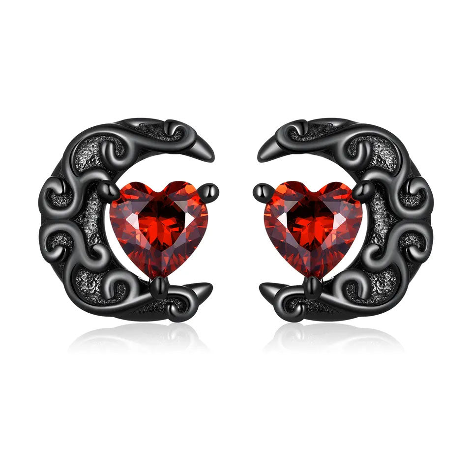 Sterling Silver Dark Heart Moon Stud Hypoallergenic Earrings