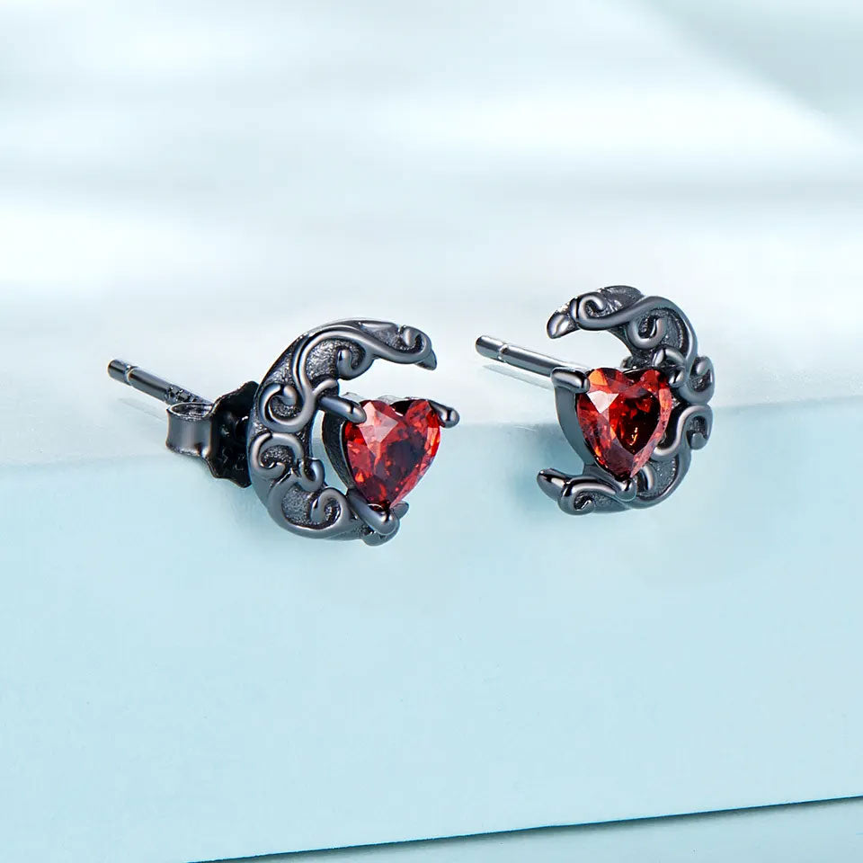 Sterling Silver Dark Heart Moon Stud Hypoallergenic Earrings