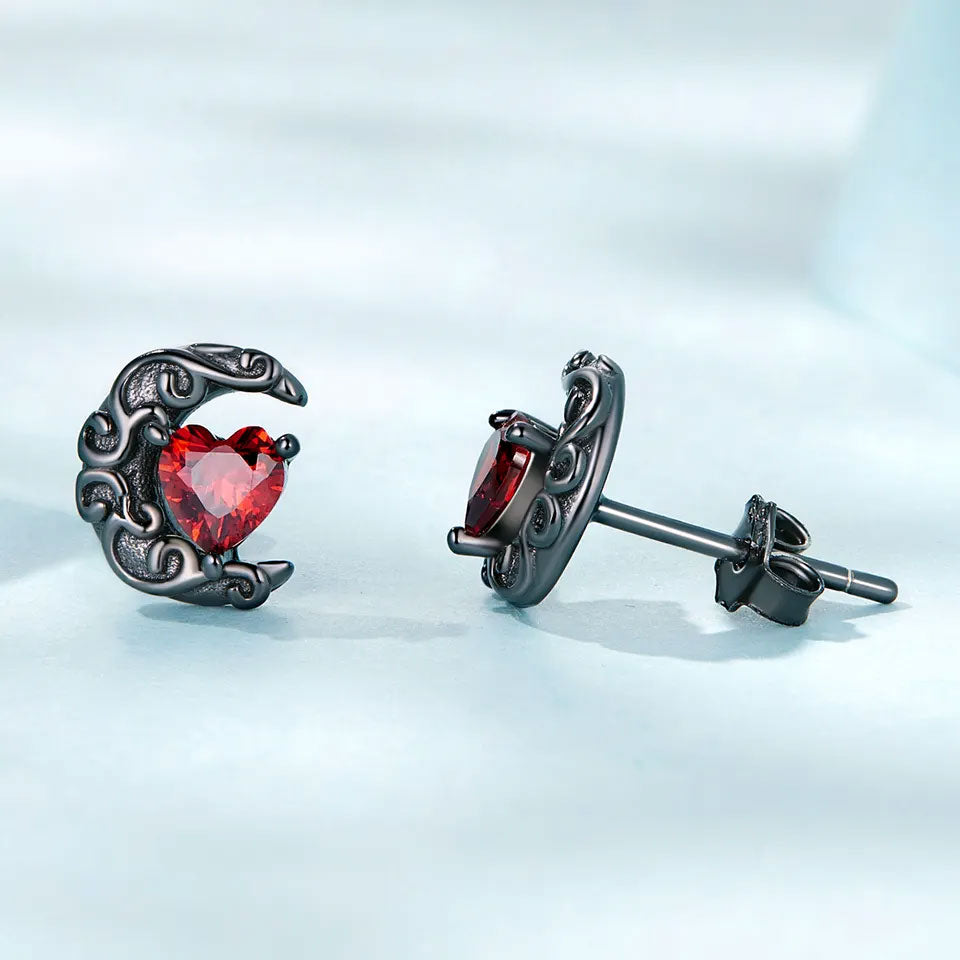 Sterling Silver Dark Heart Moon Stud Hypoallergenic Earrings