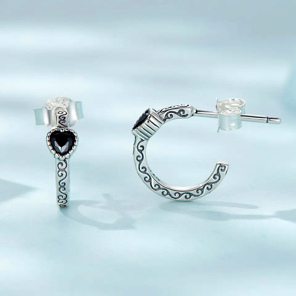 Sterling Silver Vintage Dark Heart Stud Hypoallergenic Earrings