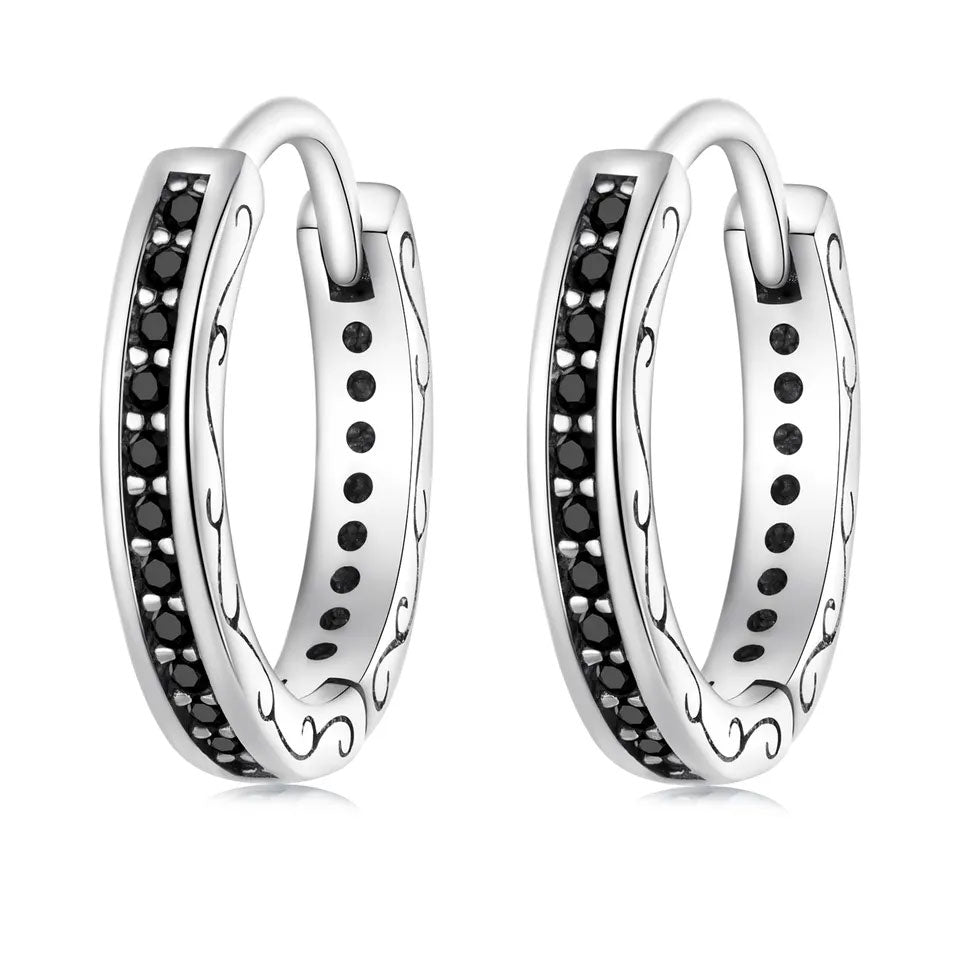 Sterling Silver Vintage Round Black CZ Huggie Hypoallergenic Earrings