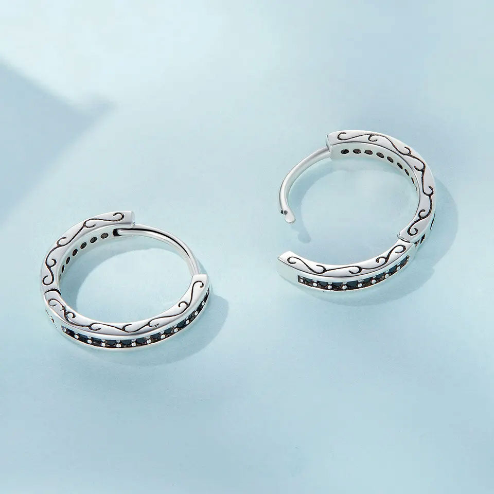 Sterling Silver Vintage Round Black CZ Huggie Hypoallergenic Earrings