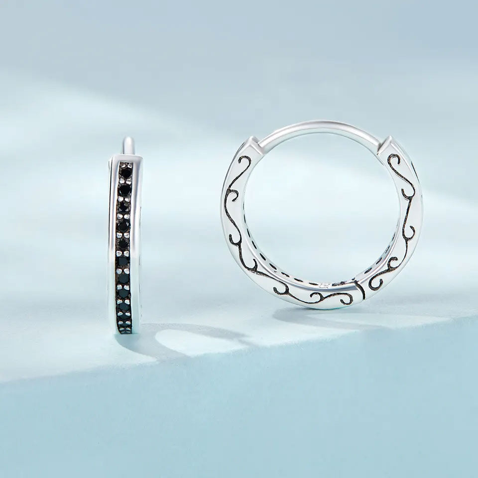 Sterling Silver Vintage Round Black CZ Huggie Hypoallergenic Earrings