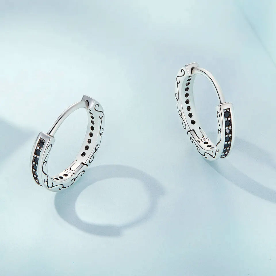 Sterling Silver Vintage Round Black CZ Huggie Hypoallergenic Earrings