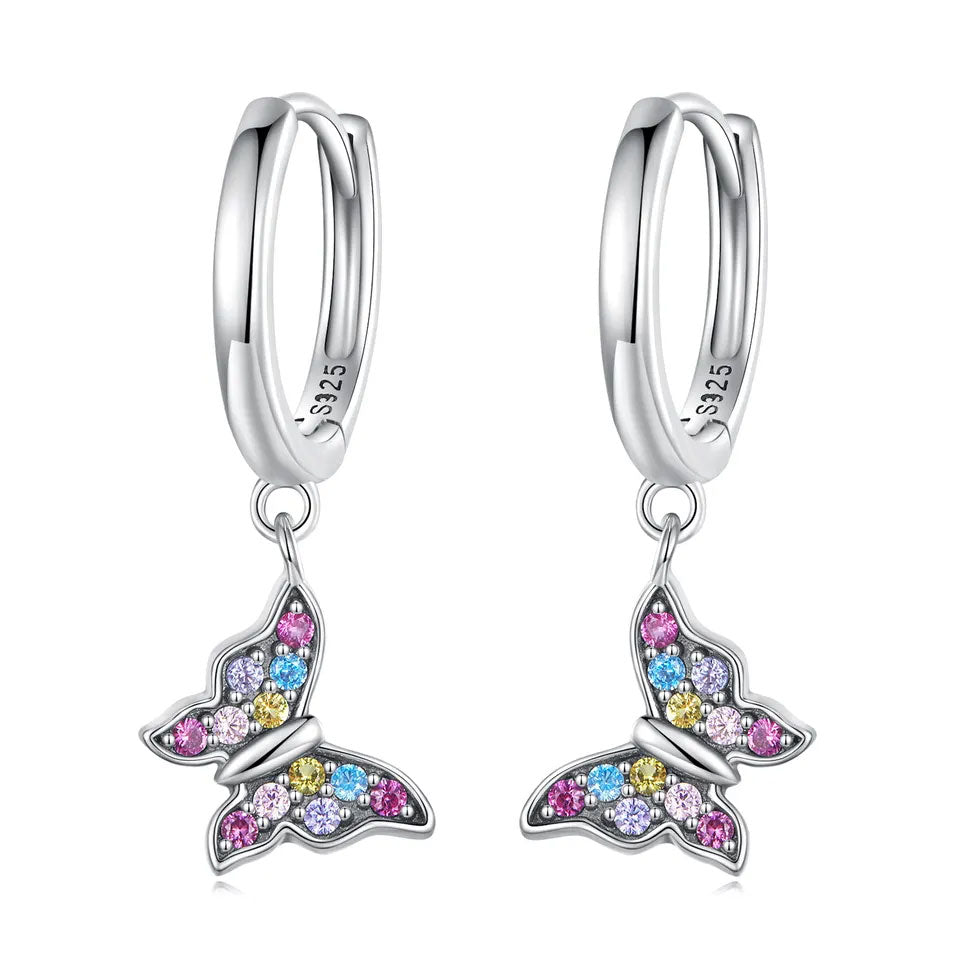 Sterling Silver Colourful Butterfly Drop Huggie Hypoallergenic Earrings