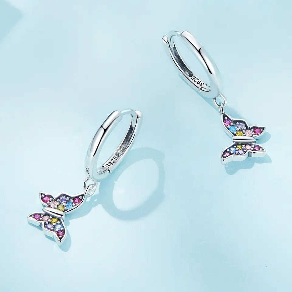 Sterling Silver Colourful Butterfly Drop Huggie Hypoallergenic Earrings