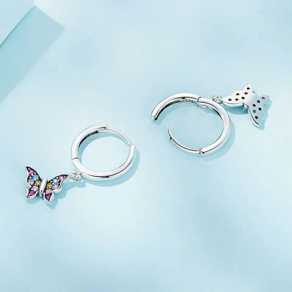 Sterling Silver Colourful Butterfly Drop Huggie Hypoallergenic Earrings