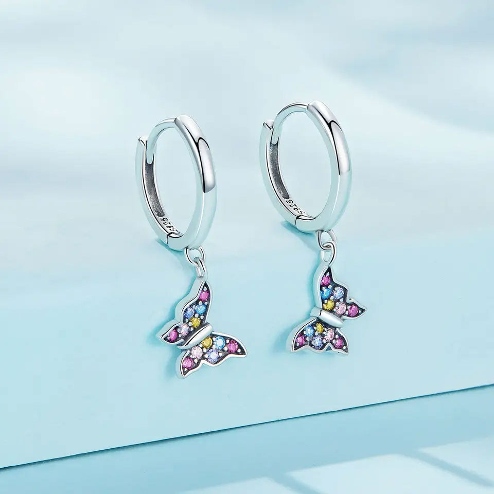 Sterling Silver Colourful Butterfly Drop Huggie Hypoallergenic Earrings