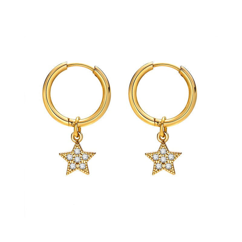 Stainless Steel Little Shiny Star Drop Huggie Earrings