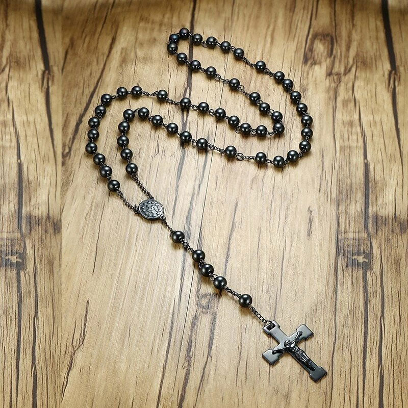 Stainless Steel Rosary Cross Necklace