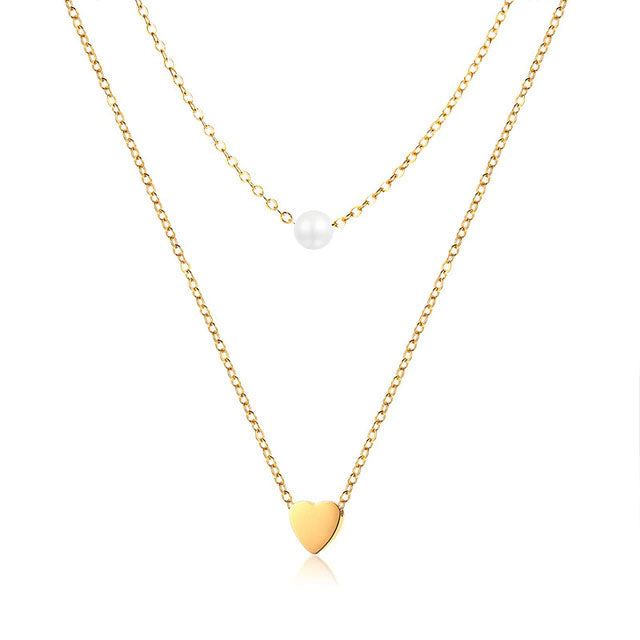 Stainless Steel Double Chain Pearl Heart Necklace