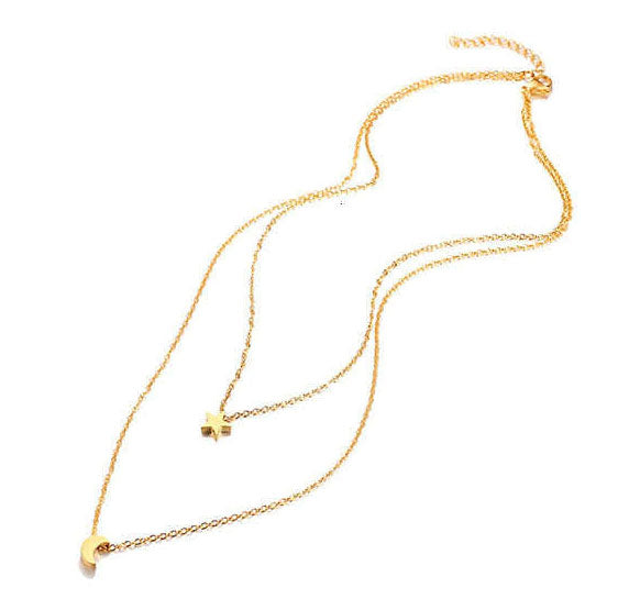 Stainless Steel Moon & Star Double Layer Necklace