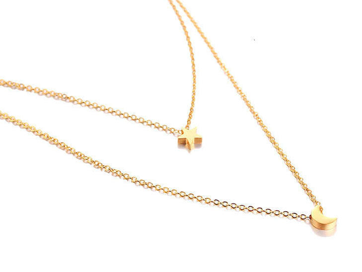 Stainless Steel Moon & Star Double Layer Necklace