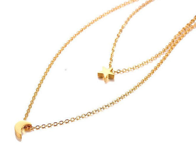 Stainless Steel Moon & Star Double Layer Necklace